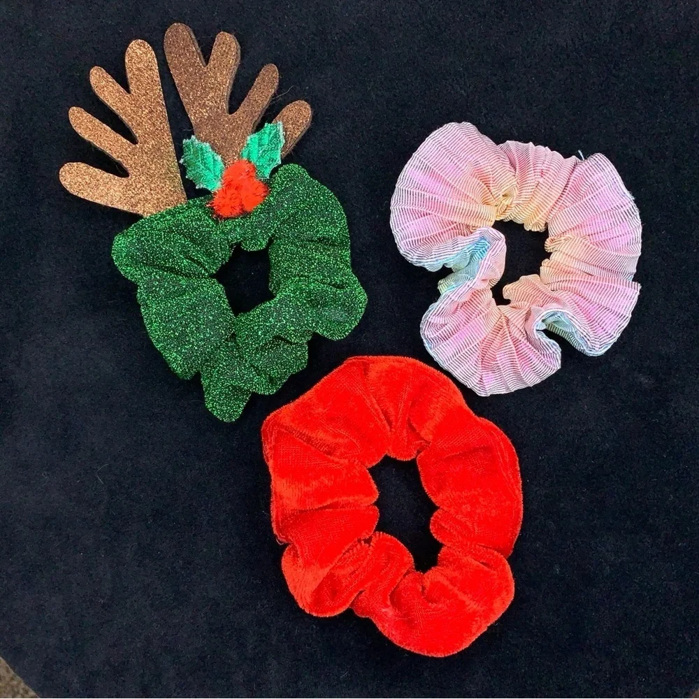 Vintage Set Of 3 Hair Ties Scrunchy Holiday Red Green Iridescent 90s Retro